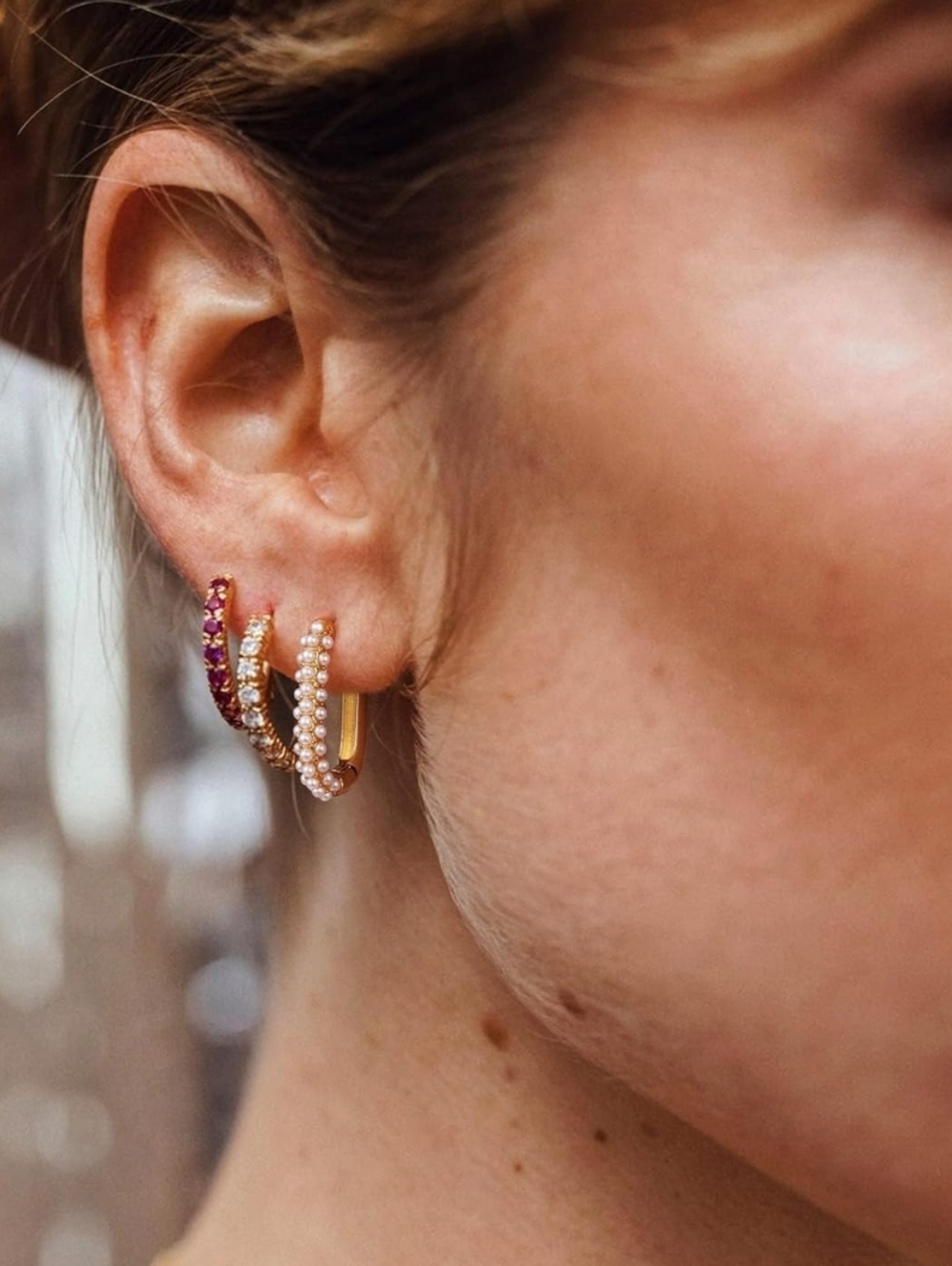 Rose Gold and Pearl Rectangle Hoops Rectangular Hoop Earrings Pave Pearls - Picture 3 of 12